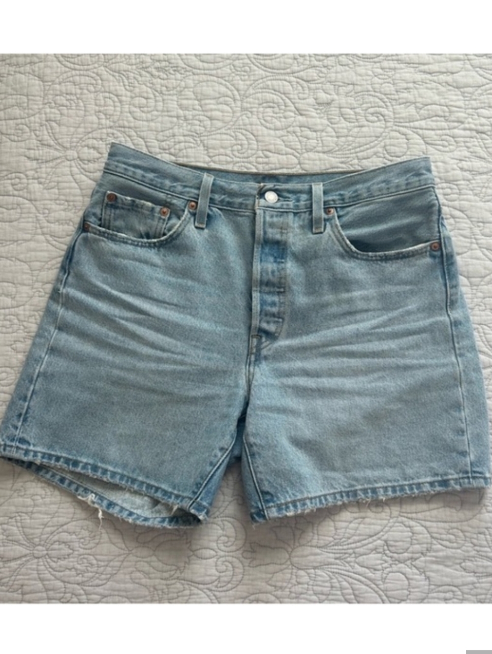 Levi's Light Wash High-Rise Denim Shorts - Pale Blue 501 Mid Thigh Shorts 29